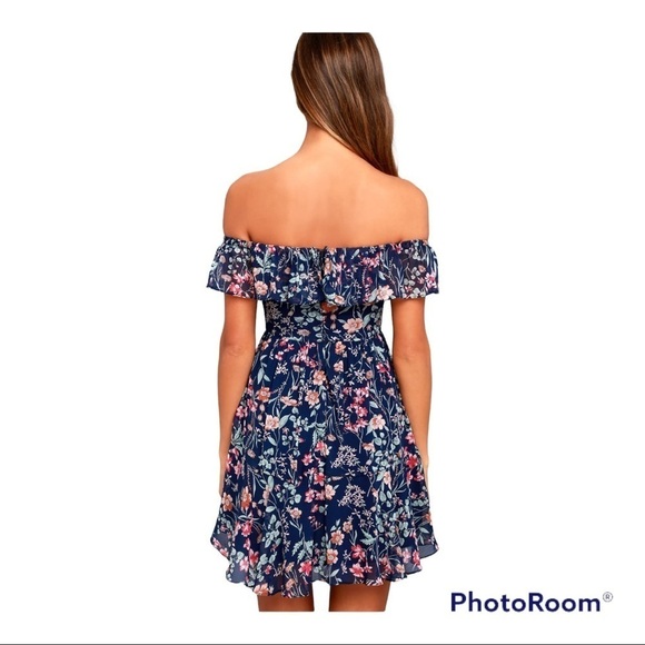 Lulus Navy Blue Floral Print Mini Dress S - Picture 2 of 10